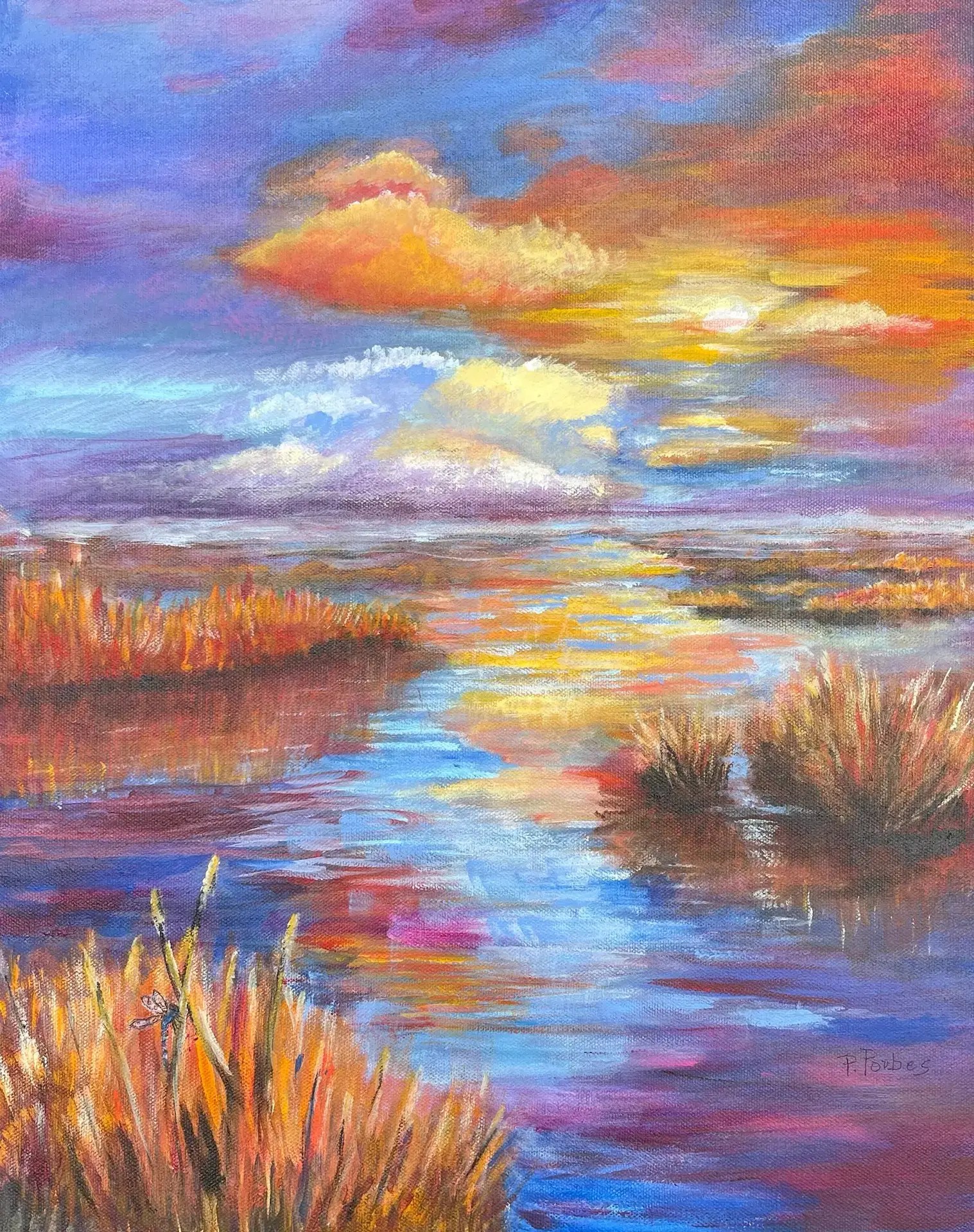 Impressionist Marsh, Wildlife, Sunrise titled "Marsh Awakening" by P. Forbes, reproduced as an open edition Giclée print.