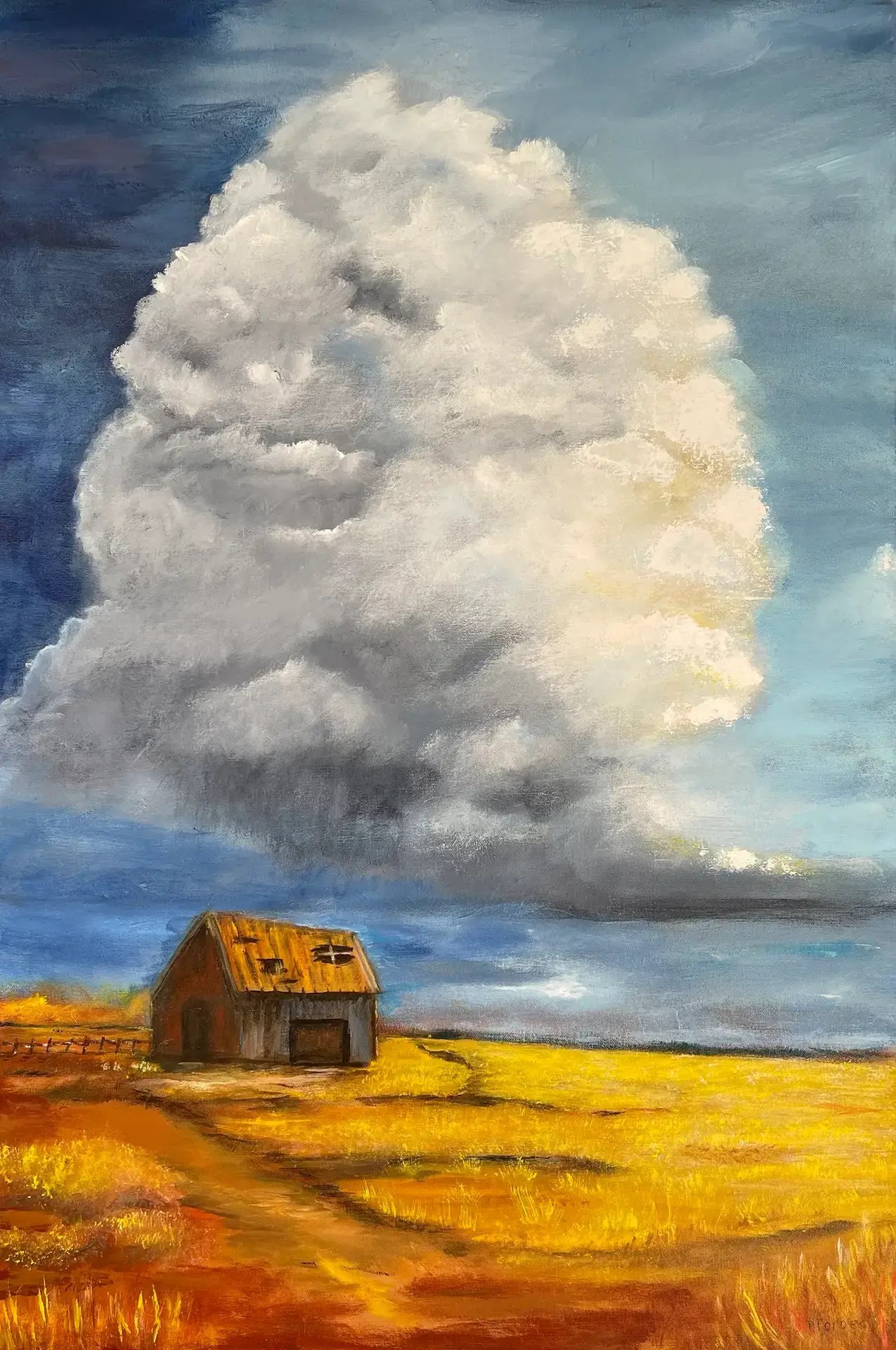 "Gathering Strength" Storm clouds forming on the prairie. An abandoned barn painting by P. Forbes, available as a matted Giclée art print.