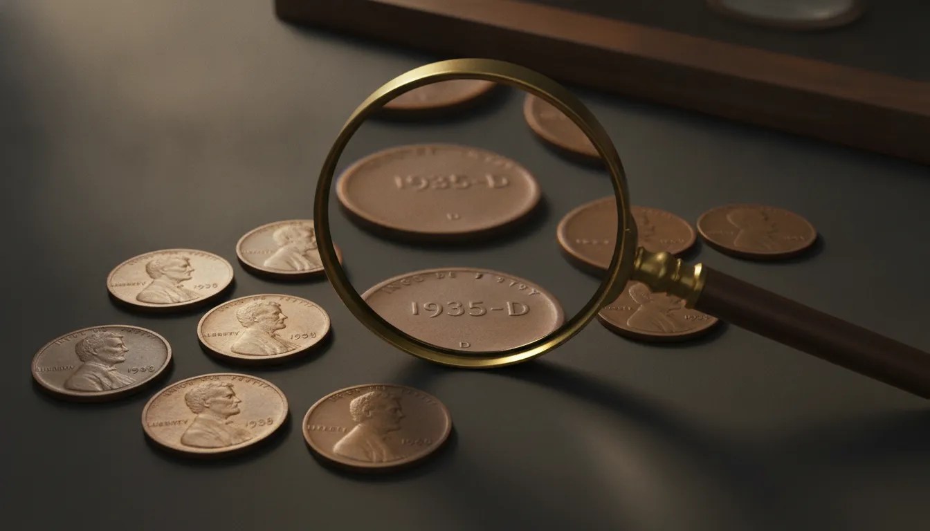 Lincoln wheat pennies arranged beside a magnifying glass