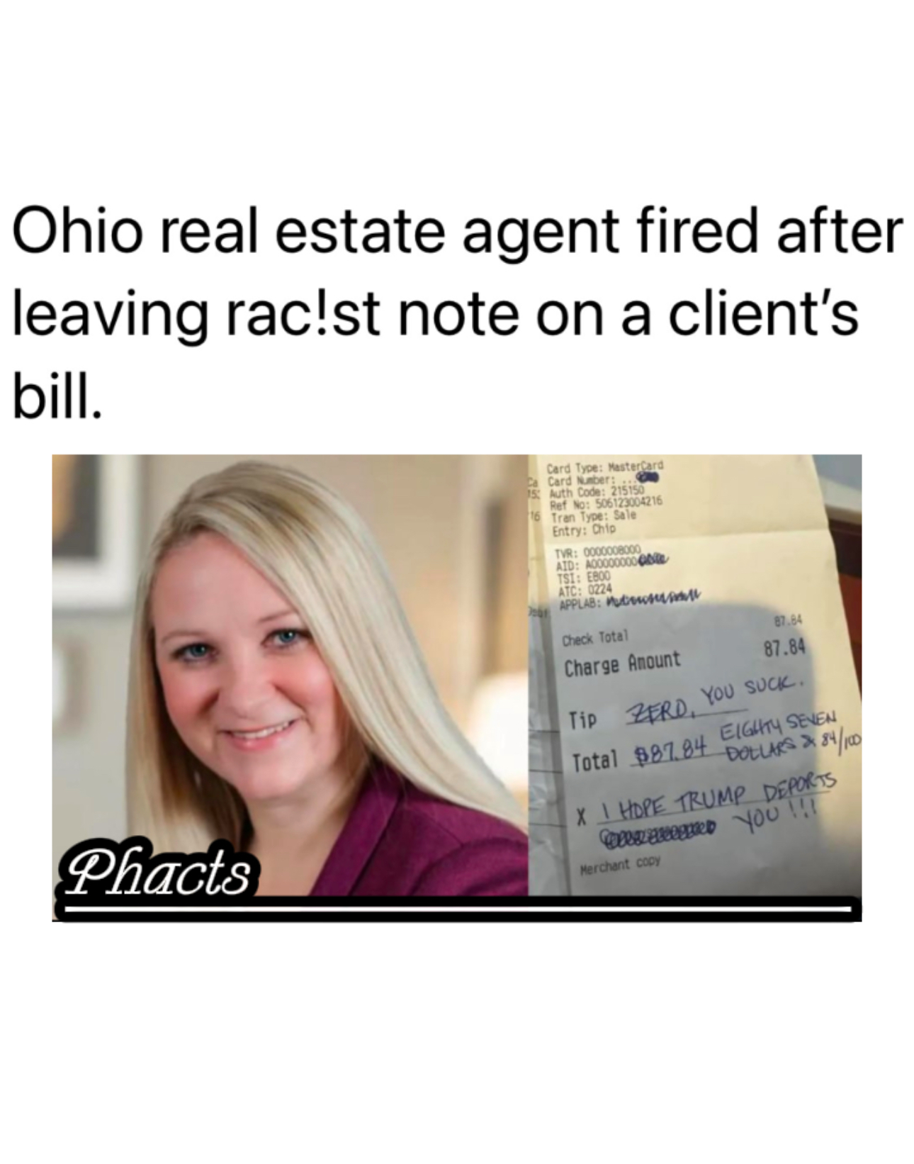 Ohio Real Estate Agent Fired After Leaving Racist Note on Bill