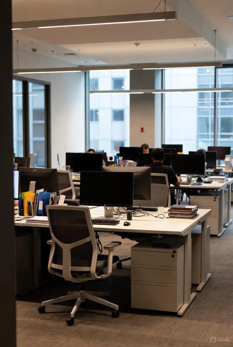 mpty desks in a modern tech workspace.