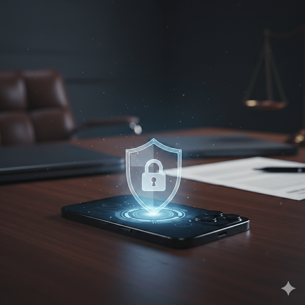 A professional shot of an iPhone with a symbolic digital shield overlay representing Apple's Lockdown Mode security.