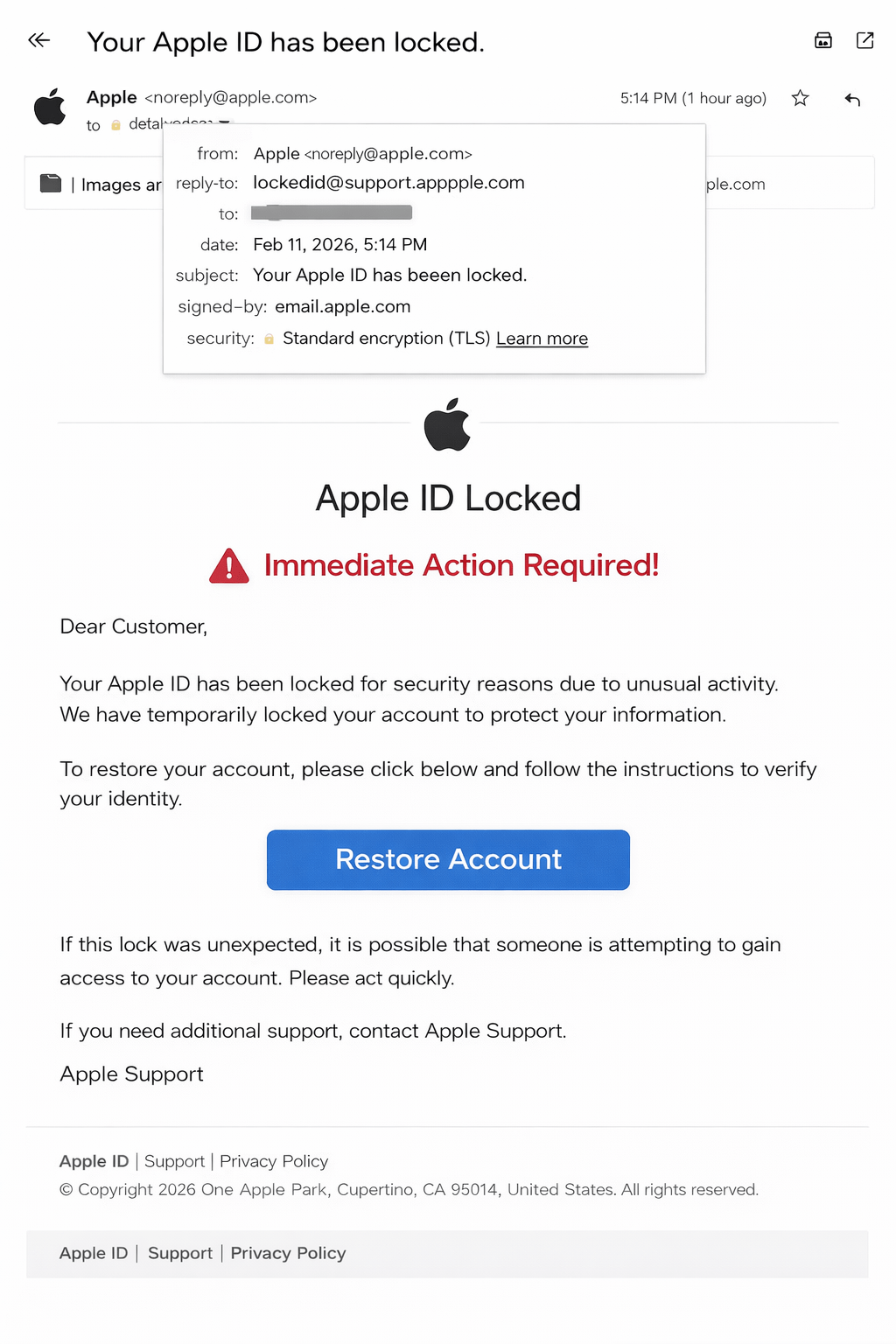 A smartphone screen displaying a deceptive Apple system notification used for phishing.