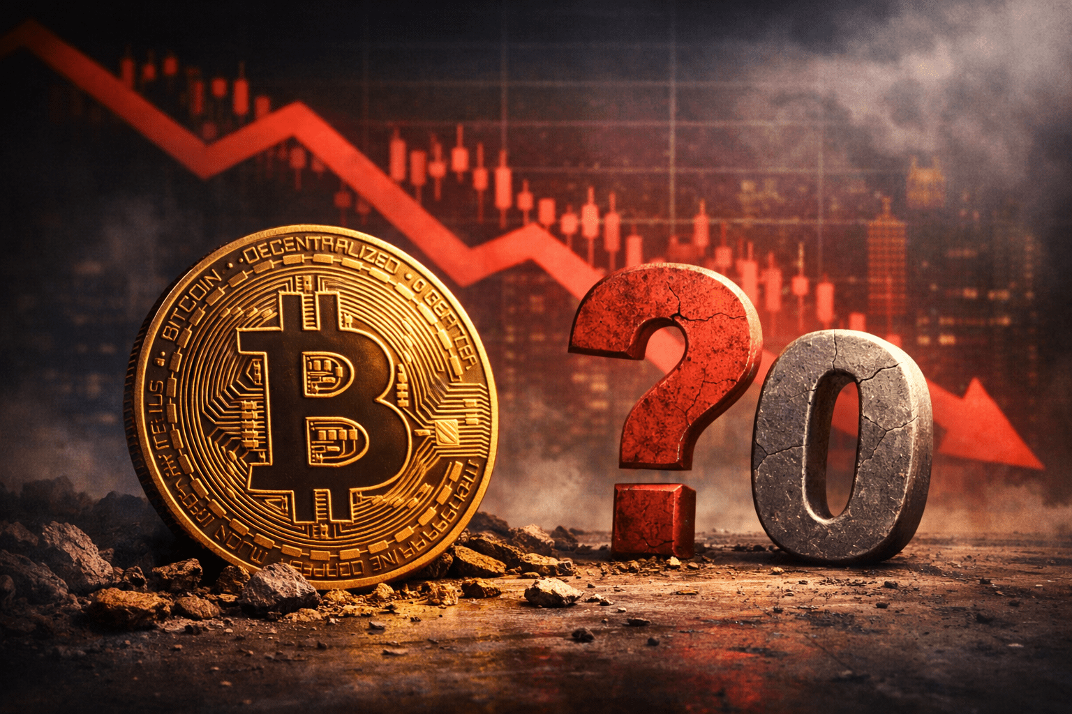 Bitcoin coin with zero value concept during price drop