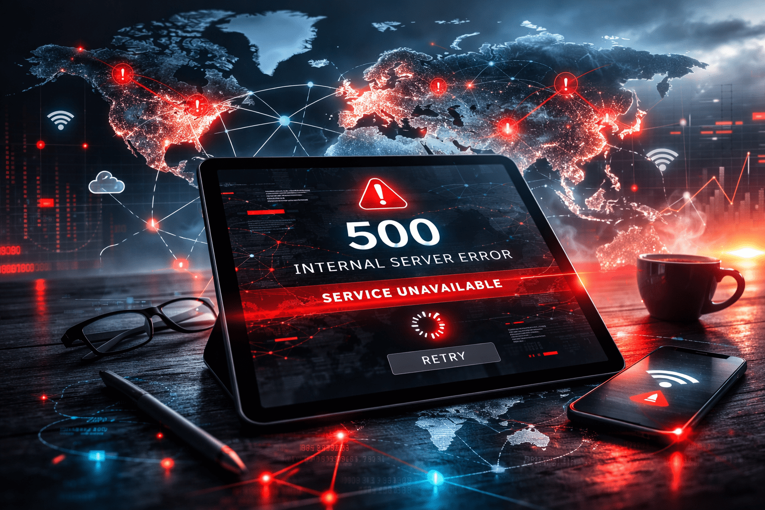 A tablet displaying a 500 internal server error message against a backdrop of abstract digital network connections.