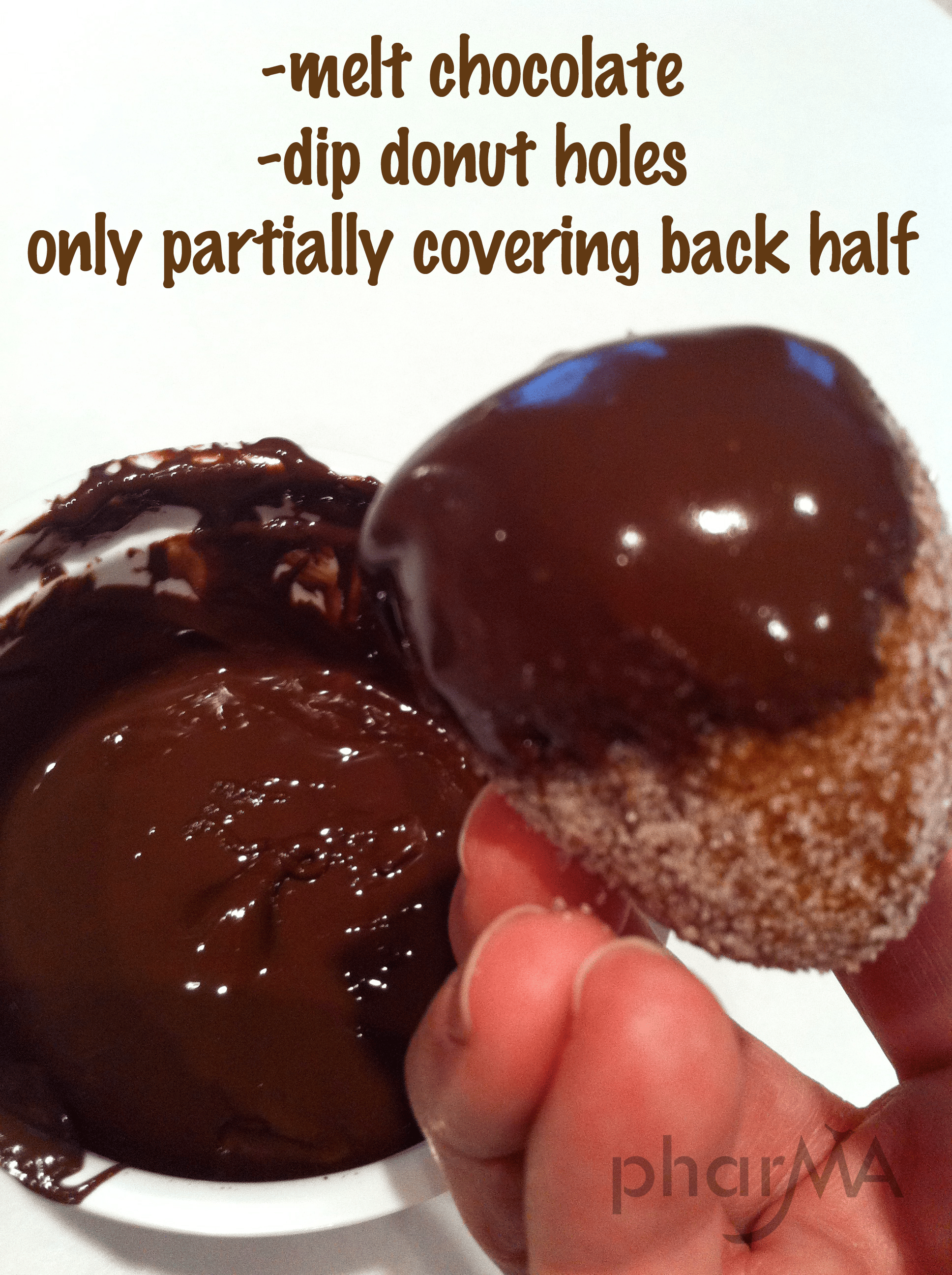 Cinnamon donut hole dipped halfway into melted chocolate to make a hedgehog treat.