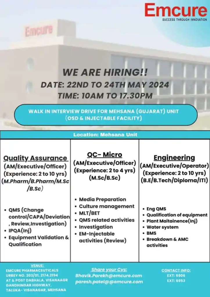 Emcure Pharma Hiring for QA/ QC-Micro/ Engineering for M.Pharm./ B.Pharm./ M.Sc./ B.Sc./ ITI/ Diploma/ B.Tech Emcure Pharma Hiring for QA/ QC-Micro/ Engineering for M.Pharm./ B.Pharm./ M.Sc./ B.Sc./ ITI/ Diploma/ B.Tech