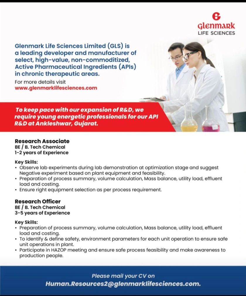 Glenmark Life Sciences Hiring for Research Associate/ Research Officer (Share CV to HR) Glenmark Life Sciences Hiring for Research Associate/ Research Officer (Share CV to HR)
