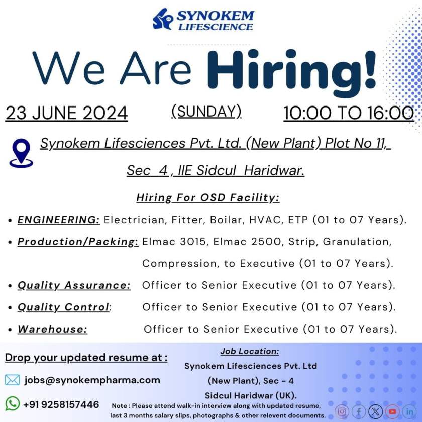 Synokem Lifesciences Hiring for QA/ QC/ Engineering/ Production/ Packing/ Warehouse Synokem Lifesciences Hiring for QA/ QC/ Engineering/ Production/ Packing/ Warehouse