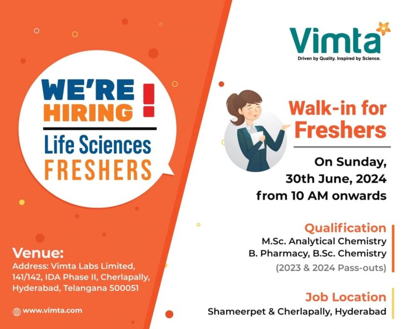 Vimta Lab Hiring for B. Pharmacy/ B.Sc, M.Sc FRESHERS on 30th June, 2024 Vimta Lab Hiring for B. Pharmacy/ B.Sc, M.Sc FRESHERS on 30th June, 2024