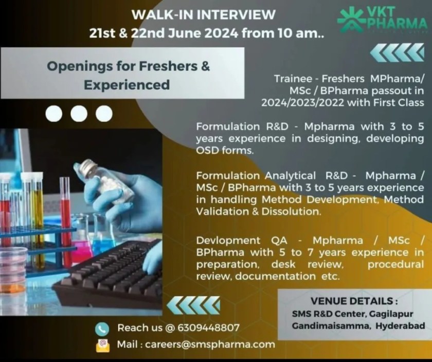 VKT Pharma Hiring for Fresher & Experienced MSc/ B Pharm/ M Pharm for Multiple Positions VKT Pharma Hiring for Fresher & Experienced MSc/ B Pharm/ M Pharm for Multiple Positions