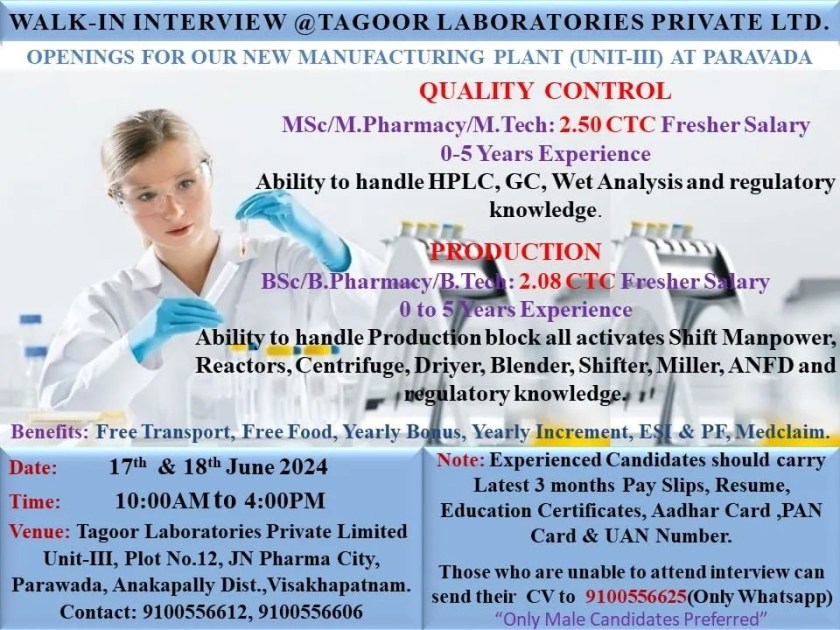 TAGOOR Laboratories Hiring for Freshers & Experienced for B.Sc, M.Sc, B.Pharm, M.Pharm, B.Tech, M.Tech TAGOOR Laboratories Hiring for Freshers & Experienced for B.Sc, M.Sc, B.Pharm, M.Pharm, B.Tech, M.Tech