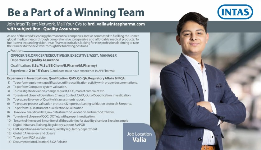 Intas Pharma Hiring in Quality Assurance for B.Sc/ M.Sc /BE Chem/ B.Pharm/ M.Pharm Intas Pharma Hiring in Quality Assurance for B.Sc/ M.Sc /BE Chem/ B.Pharm/ M.Pharm