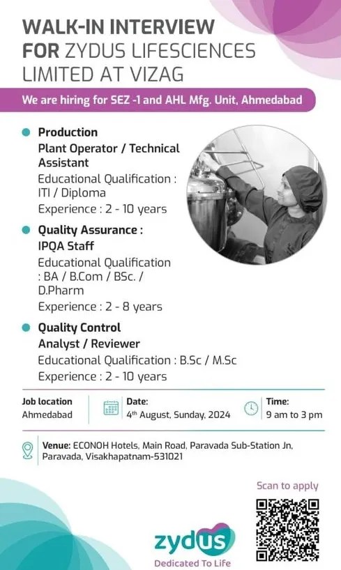 Zydus Life Sciences Hiring for Production / QC / QA Zydus Life Sciences Hiring for Production / QC / QA