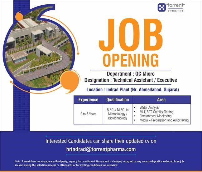 Torrent Pharma Hiring for QC Micro - B.Sc./ M.Sc Torrent Pharma Hiring for QC Micro - B.Sc./ M.Sc