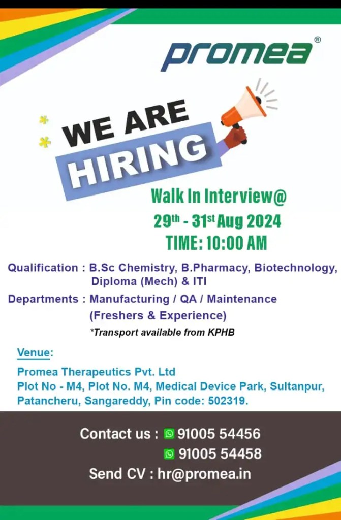 Promea Therapeutics Hiring for Freshers & Experienced in Manufacturing / QA / Maintenance Promea Therapeutics Hiring for Freshers & Experienced in Manufacturing / QA / Maintenance