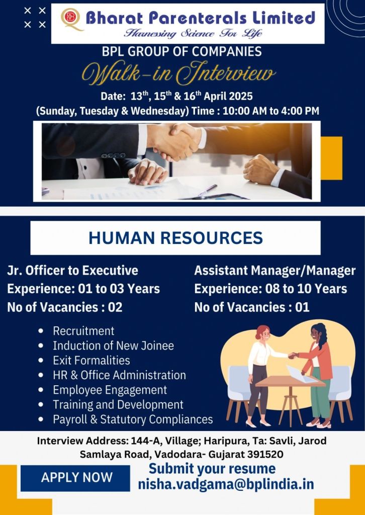 Bharat Parenterals Hiring for Human Resources Department Bharat Parenterals Hiring for Human Resources Department