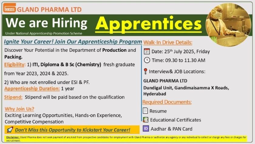 Gland Pharma Ltd Hiring for Production and Packing – Walk-In Drive on 25th July 2025 Gland Pharma Ltd Hiring for Production and Packing – Walk-In Drive on 25th July 2025
