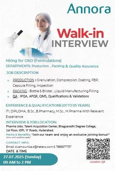 ANNORA Pharma Pvt. Ltd Hiring for OSD Production, Packing & QA Roles ANNORA Pharma Pvt. Ltd Hiring for OSD Production, Packing & QA Roles