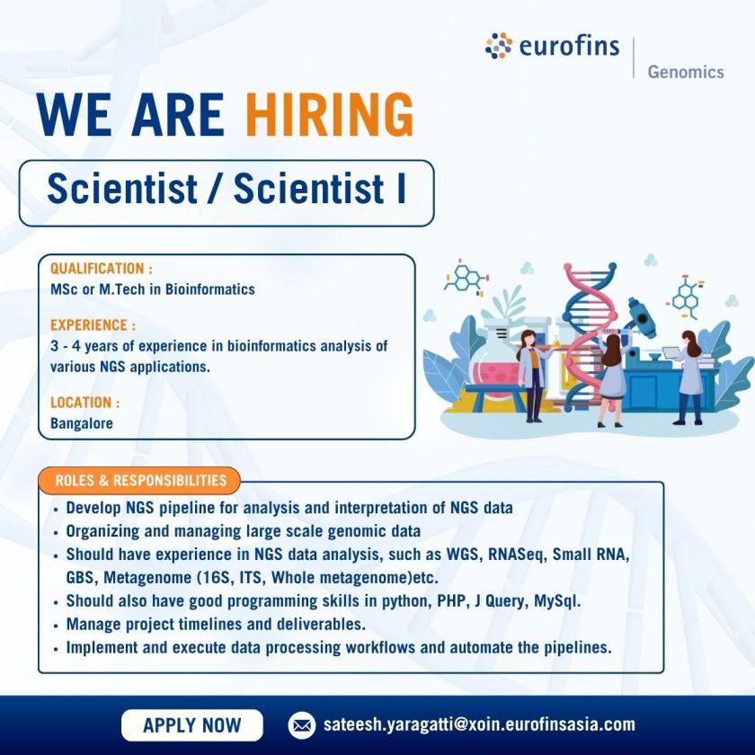 Eurofins Genomics Hiring for Scientist/ Scientist I - Bioinformatics in Bangalore Eurofins Genomics Hiring for Scientist/ Scientist I - Bioinformatics in Bangalore