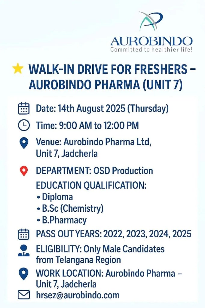 Aurobindo Pharma Walk-In Drive for FRESHERS in OSD Production Job Aurobindo Pharma Walk-In Drive for FRESHERS in OSD Production Job