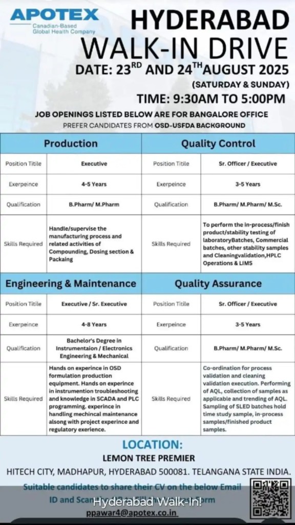 Apotex Pharma Hiring for Production / QC / QA / Engineering & Maintenance Apotex Pharma Hiring for Production / QC / QA / Engineering & Maintenance
