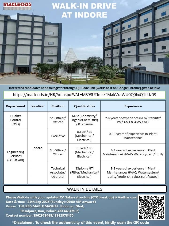 Macleods Pharma Walk-In Drive Indore 2025: QC & Engineering Jobs Macleods Pharma Walk-In Drive Indore 2025: QC & Engineering Jobs