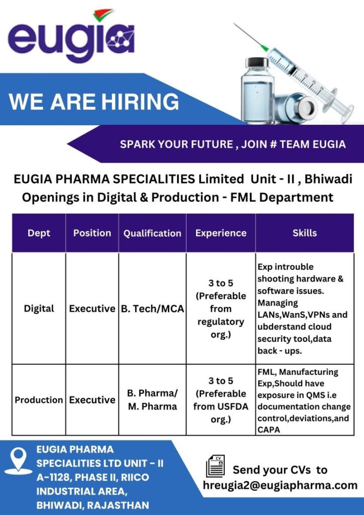 Eugia Pharma is Hiring for Digital & Production Roles Eugia Pharma is Hiring for Digital & Production Roles