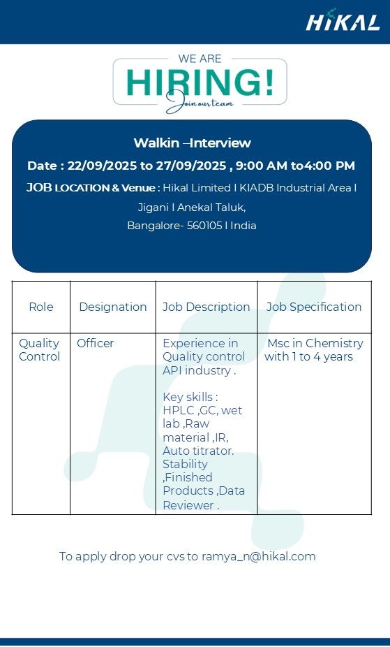 Hikal Limited is Hiring for Quality Control Officer Job Hikal Limited is Hiring for Quality Control Officer Job