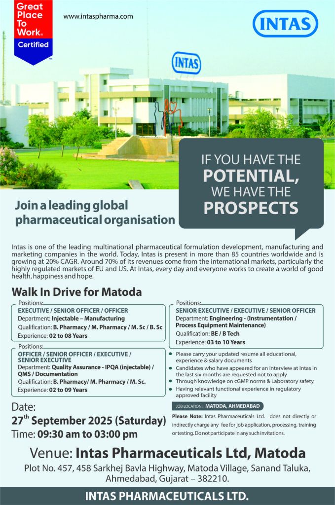 Intas Pharma Walk-In Drive for Manufacturing, QA, Engineering Intas Pharma Walk-In Drive for Manufacturing, QA, Engineering