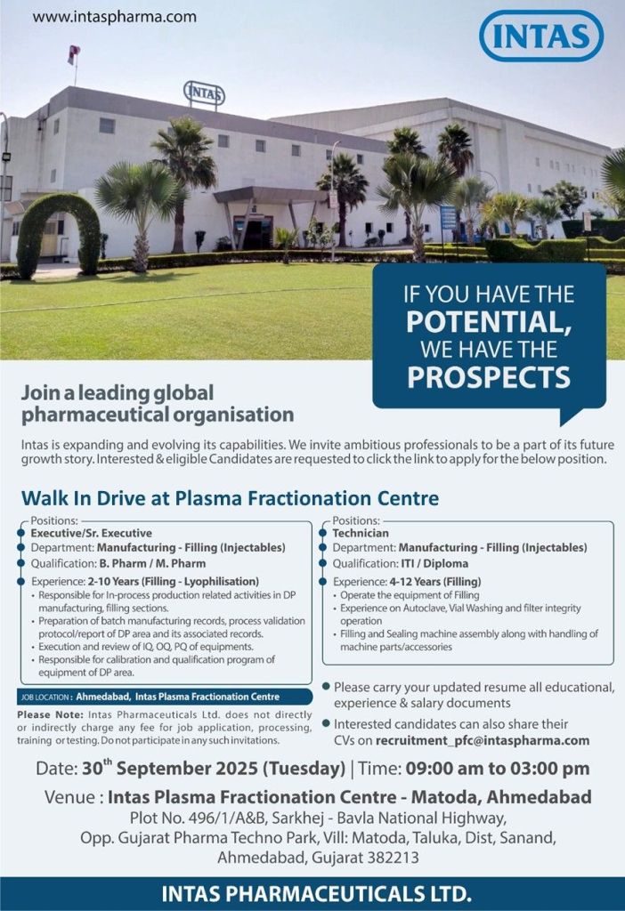 Intas Pharmaceuticals is Hiring for Manufacturing Intas Pharmaceuticals is Hiring for Manufacturing