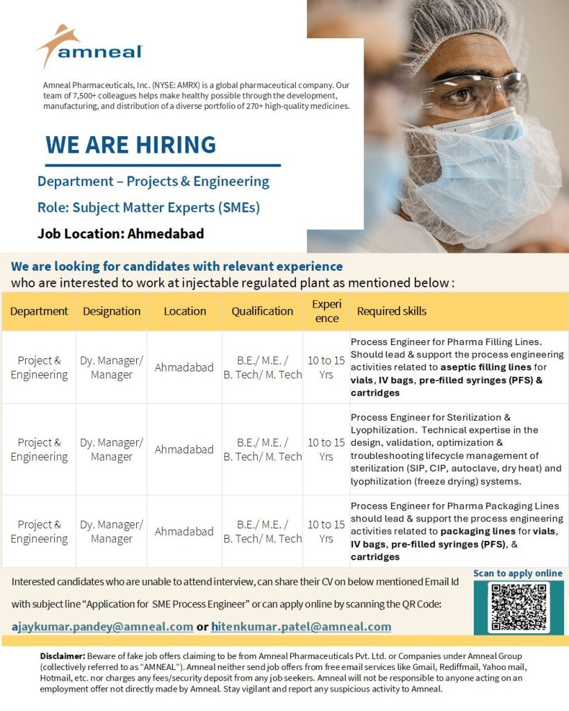 Amneal Pharmaceuticals is Hiring for Project & Engineering Amneal Pharmaceuticals is Hiring for Project & Engineering