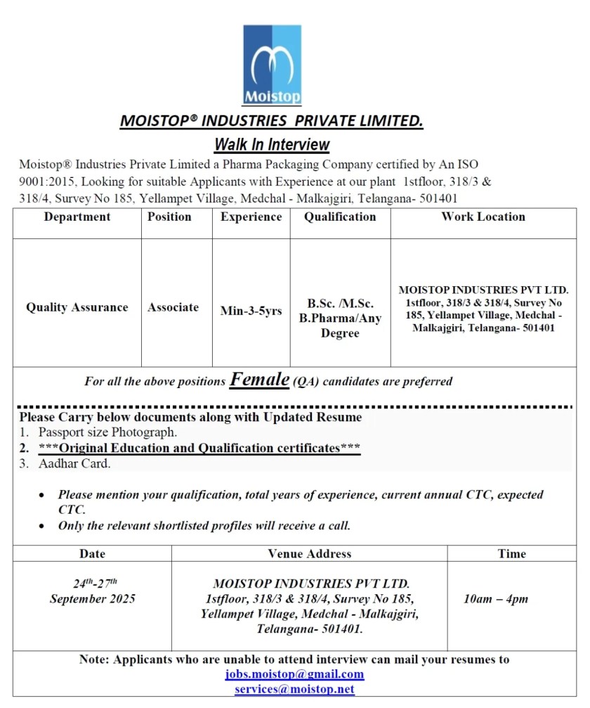 Moistop® Industries is Hiring for Quality Assurance Associate Moistop® Industries is Hiring for Quality Assurance Associate