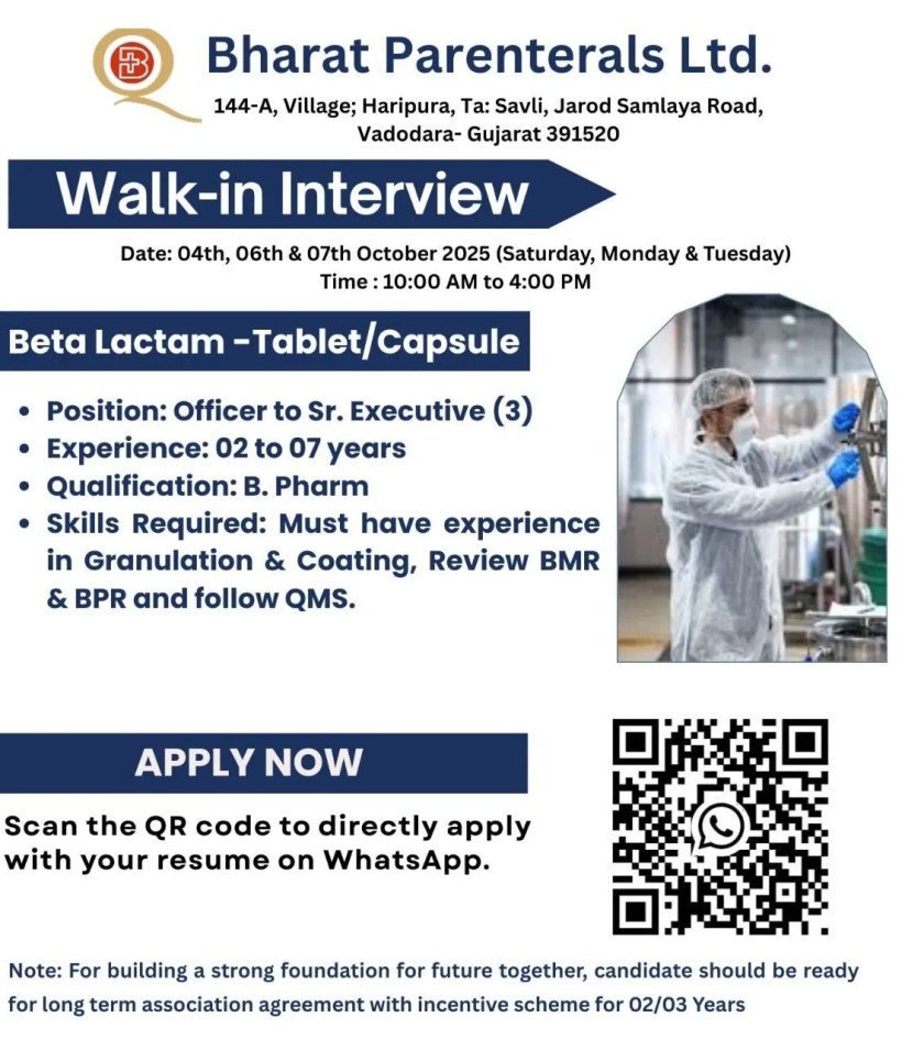 Bharat Parenterals is Hiring for Production, QC, Beta Lactam, Packing (Tablet & Capsule) Bharat Parenterals is Hiring for Production, QC, Beta Lactam, Packing (Tablet & Capsule)