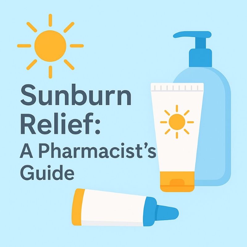 Featured image for “Sunburn Relief: A Pharmacist’s Guide” with flat-style illustrations of a sun, sunscreen bottle, and soothing lotion in a clean blue theme.