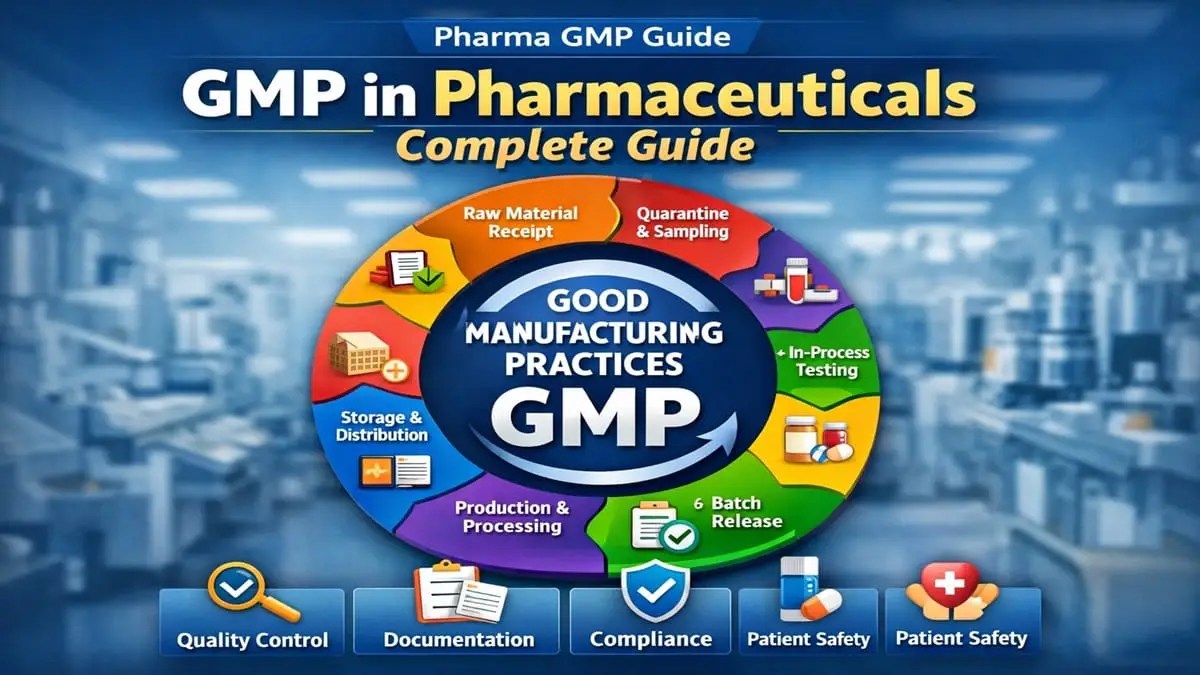 GMP in Pharmaceuticals infographic showing Good Manufacturing Practices lifecycle including raw material receipt, production, quality control, and batch release