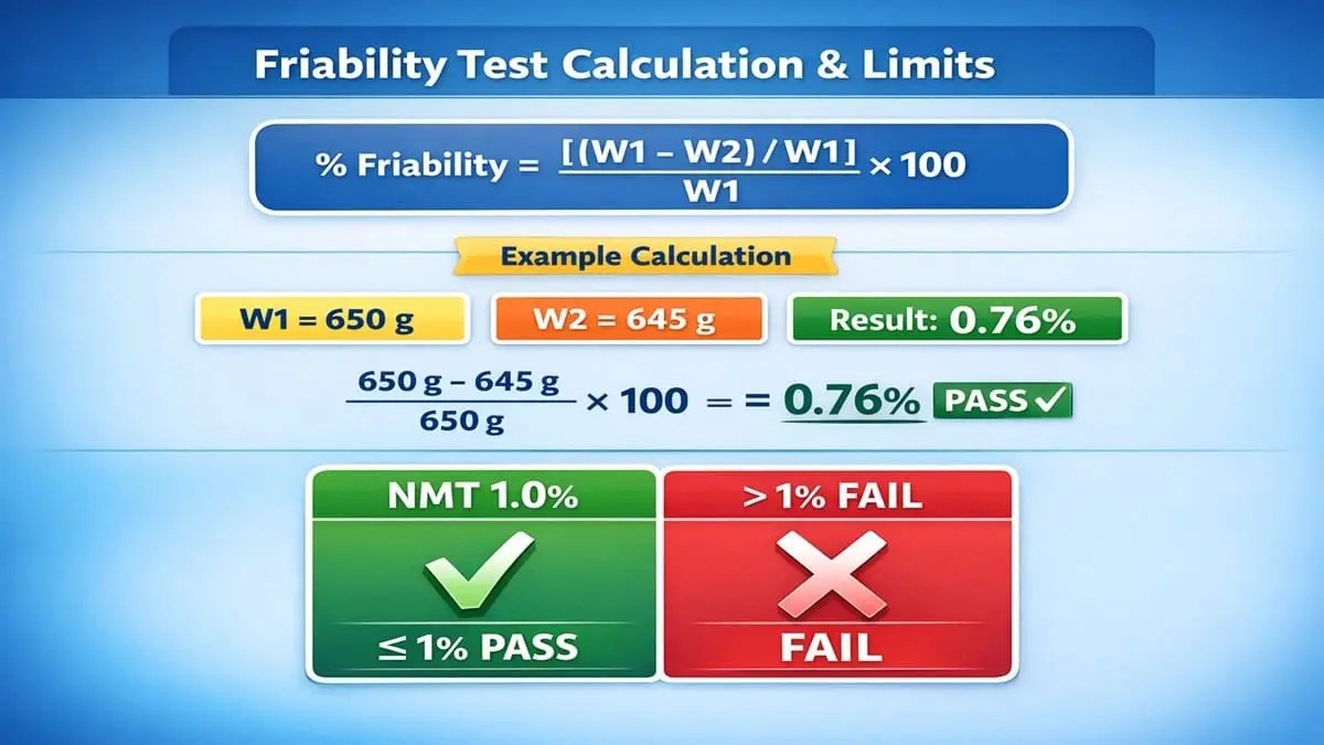 Friability test calculation formula and IPC limits showing percent weight loss in tablet manufacturing