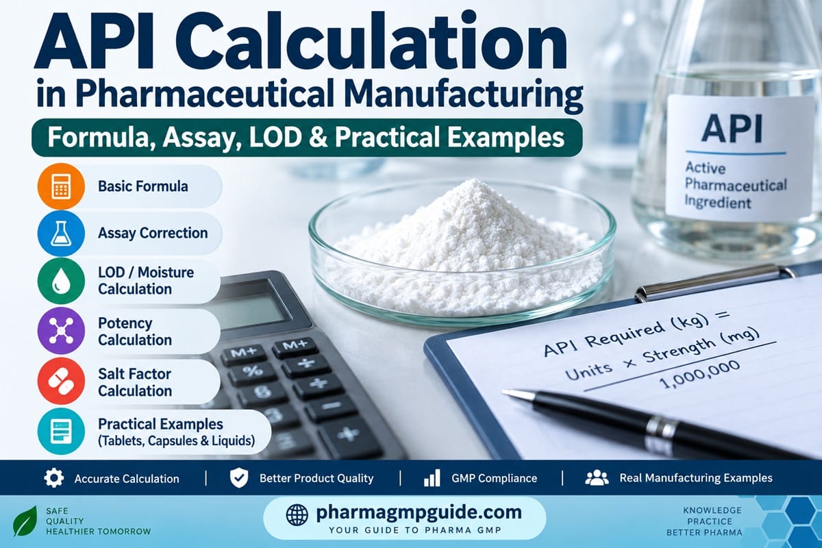 API calculation in pharmaceutical manufacturing showing assay, LOD, potency and salt factor calculations