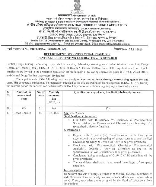 Central Drugs Testing Laboratory recruitment 10,12th Class,Any Degree,B
