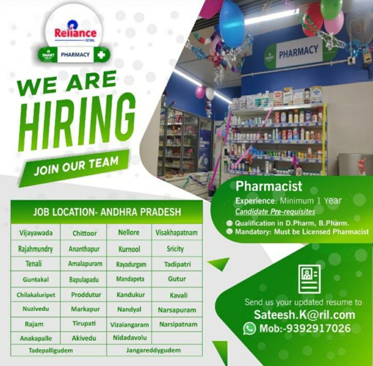 Reliance Smart Point Pharmacy Hiring Pharmacist for Multiple Location