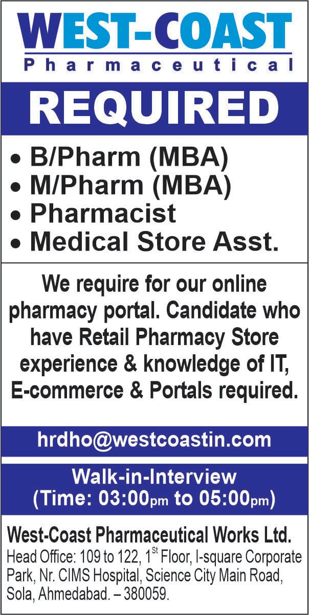 West Coast Pharmaceuticals Walkin for B.Pharma, M.Pharma
