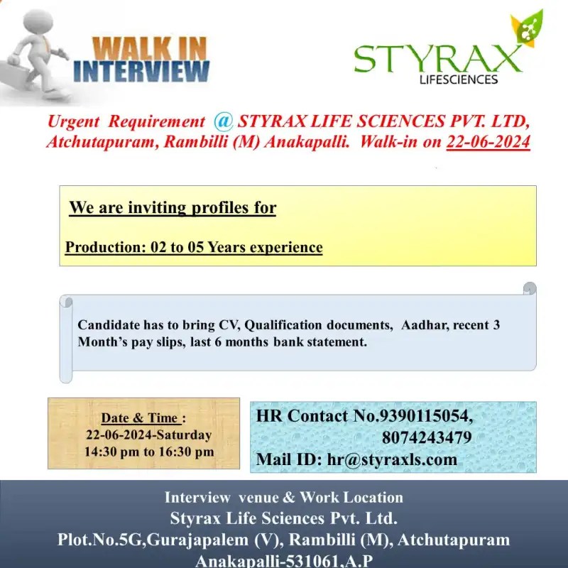 STYRAX Pharma – Walk-In Interviews for Production