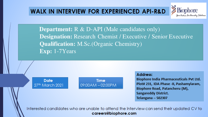 Biophore India - Walk-In Interviews for API R&D on 27th Mar' 2021 ...