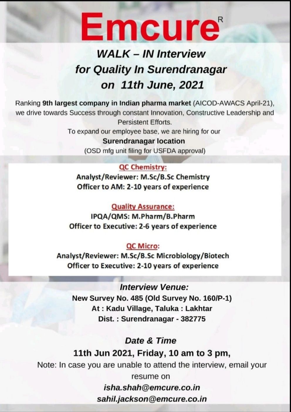 Emcure Pharma - Walk-In Interviews for QC / QA / QC-Micro on 11th June ...