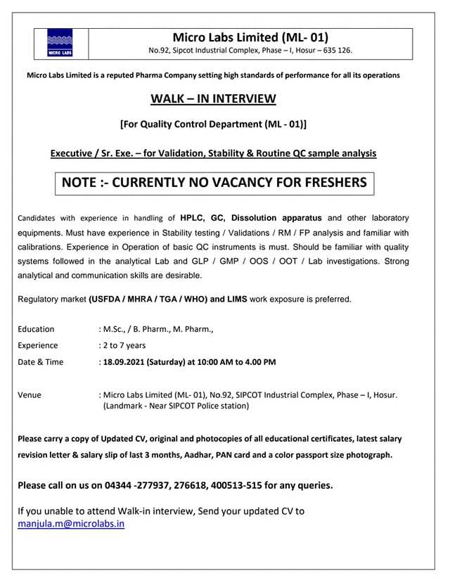 Micro Labs Limited WalkIn Interviews for Quality Control on 18th Sep