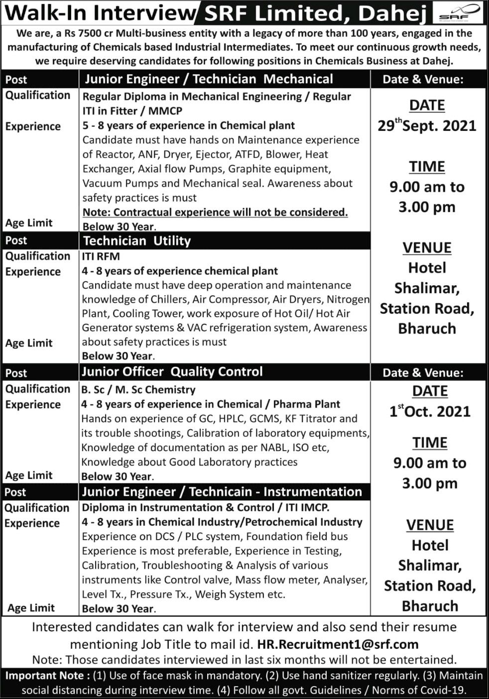 SRF Limited - Walk-In Interviews for Mechanical / Utility / Quality ...