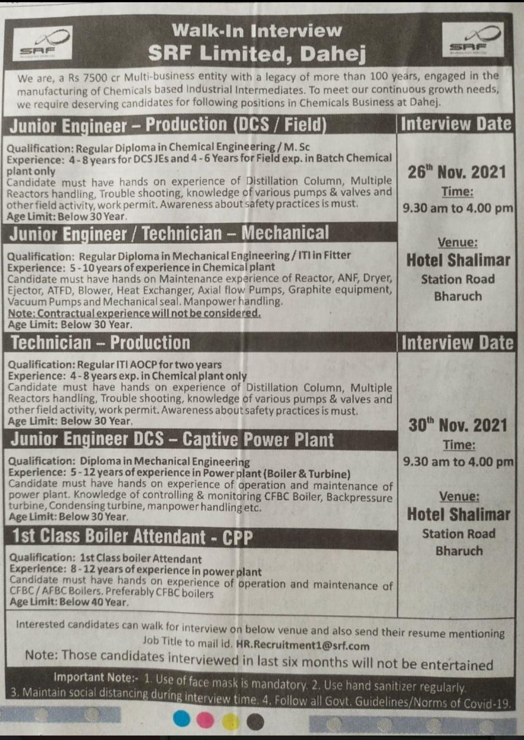 SRF Limited - Walk-In Interviews for Production, Mechanical, CPP on ...