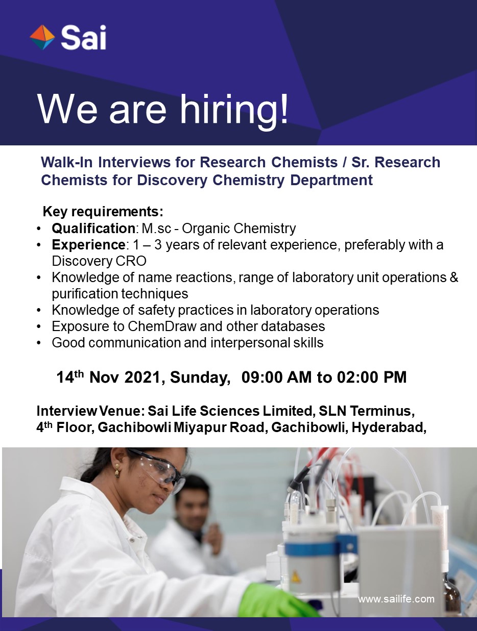 Sai Life Sciences Ltd WalkIn Interviews on 14th Nov' 2021