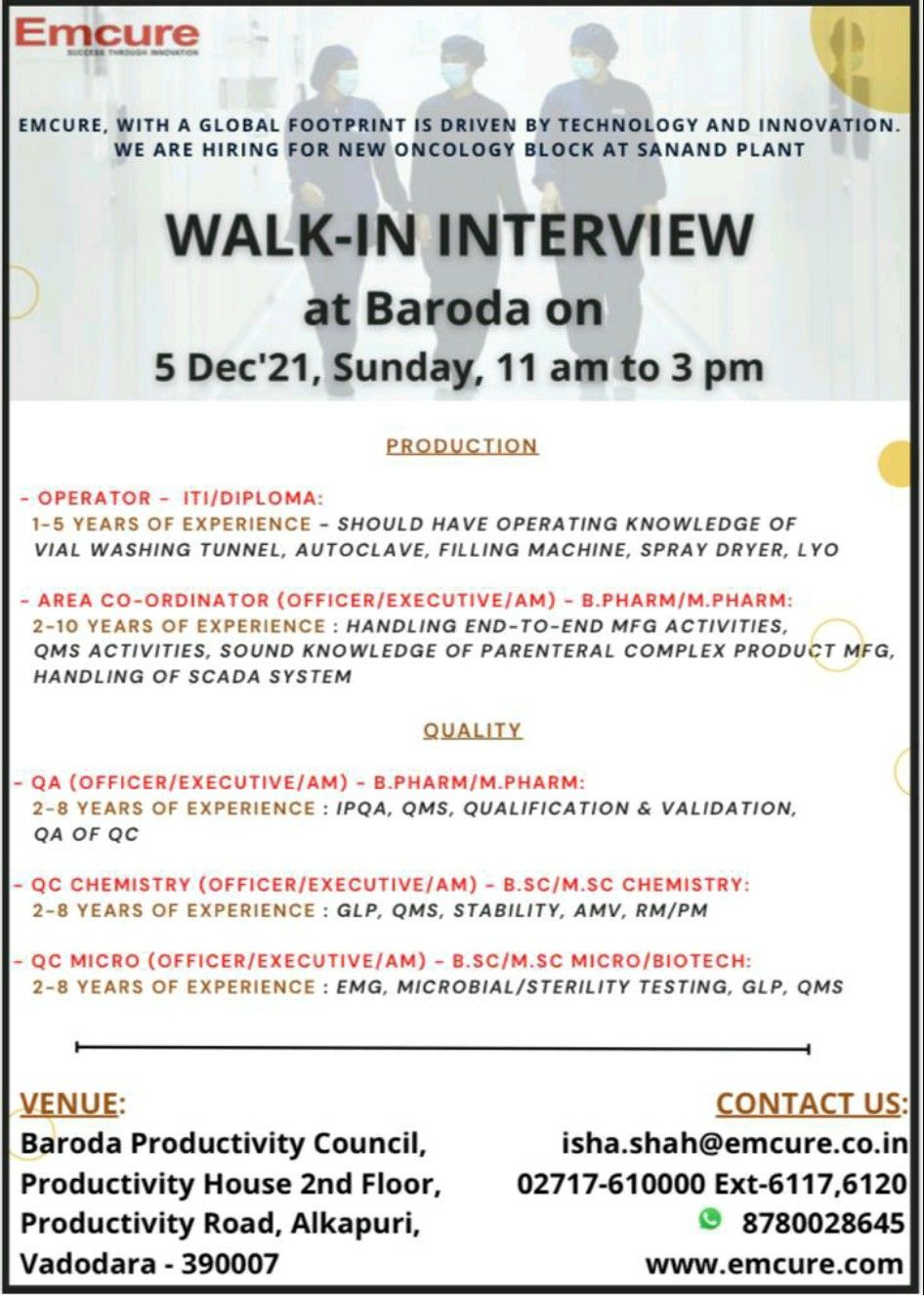 Emcure Pharma – Walk-In Interviews for Production / QC / QA / QC-Micro ...