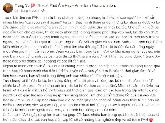 Chia sẻ học viên Phát Âm Hay